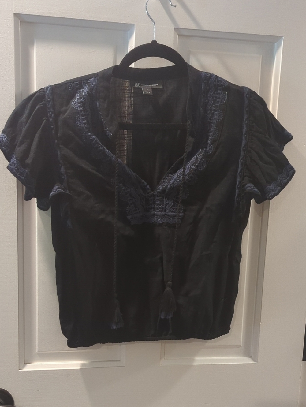 INC International Concepts Black Blouse with Navy Embroidered Trim